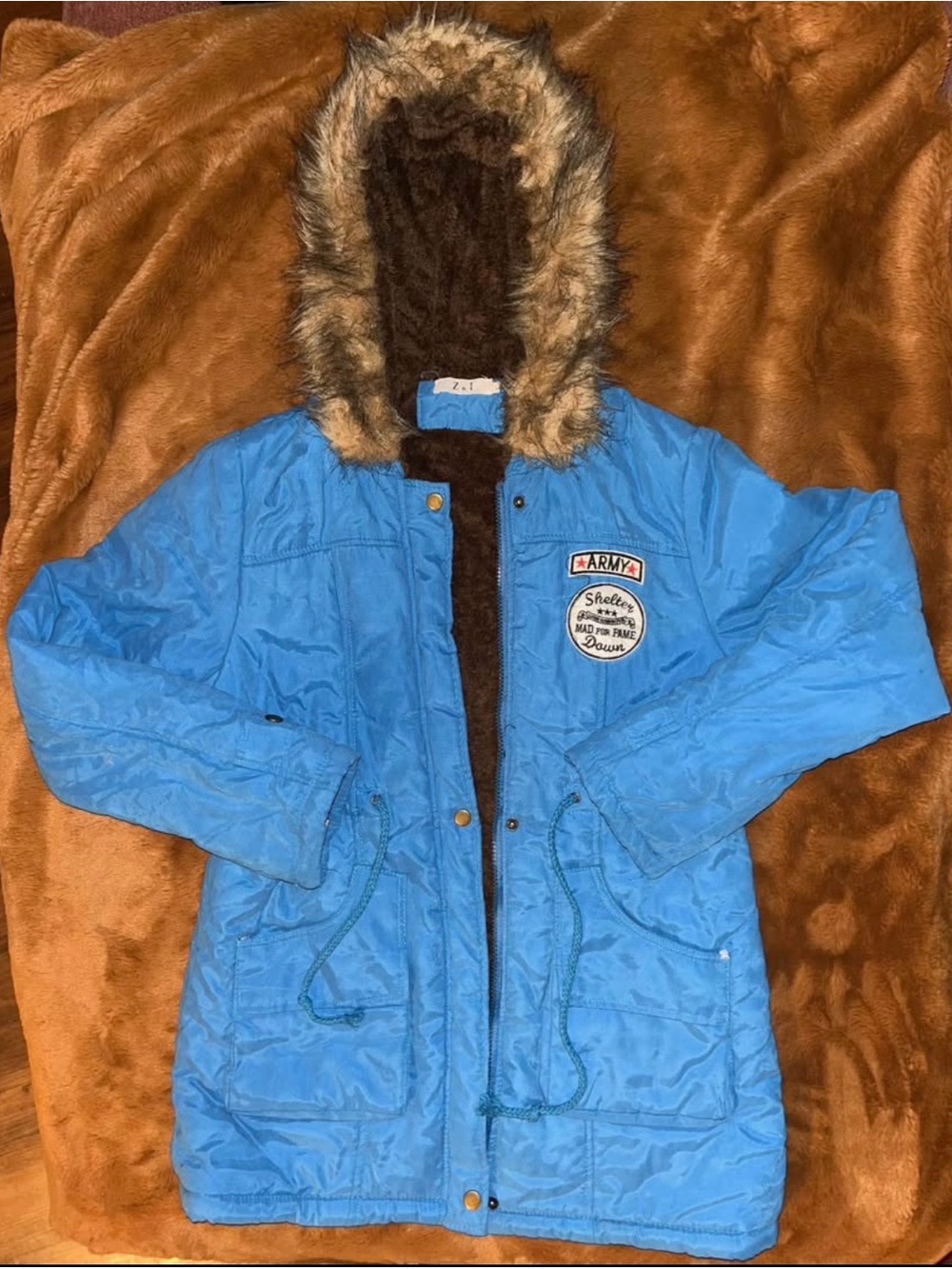 Z&I Women’s Parka Winter Army Jacket Faux Fur Full Zip Snap Front - Large